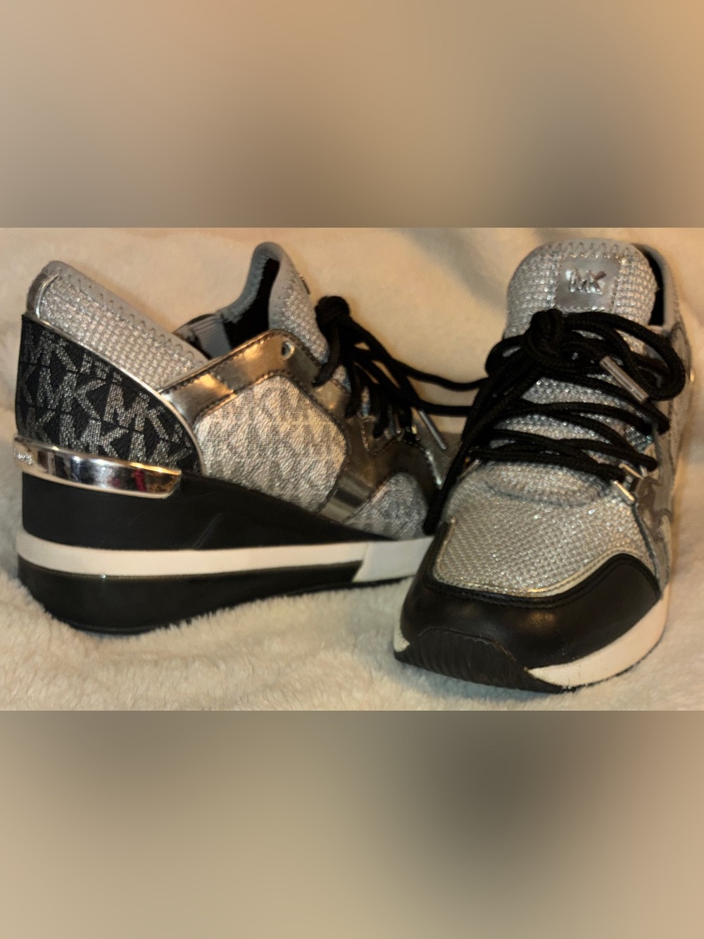 Michael Kors Liv Glitter Mesh Wedge Trainers - Size 6